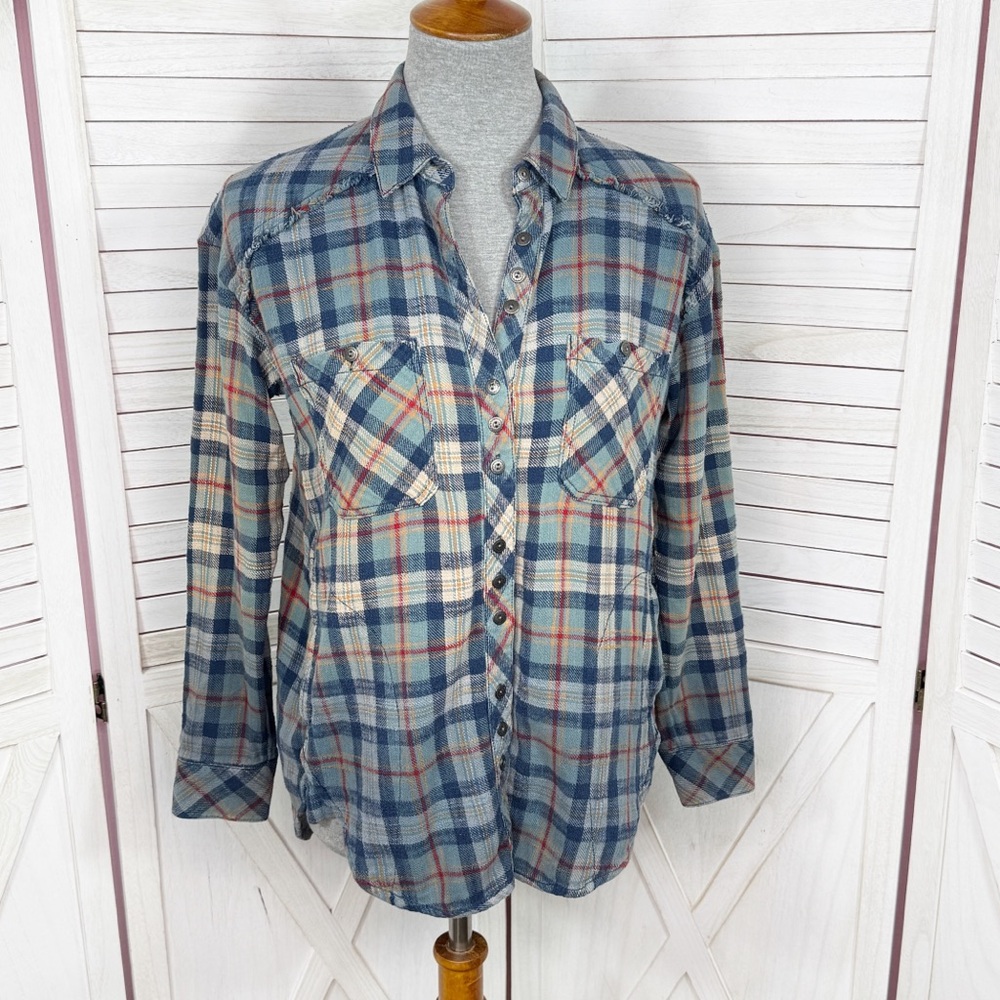 Vintage Free People Plaid Raw Hem Flannel Shirt‎ Ombre Blue Multi XS XSmall